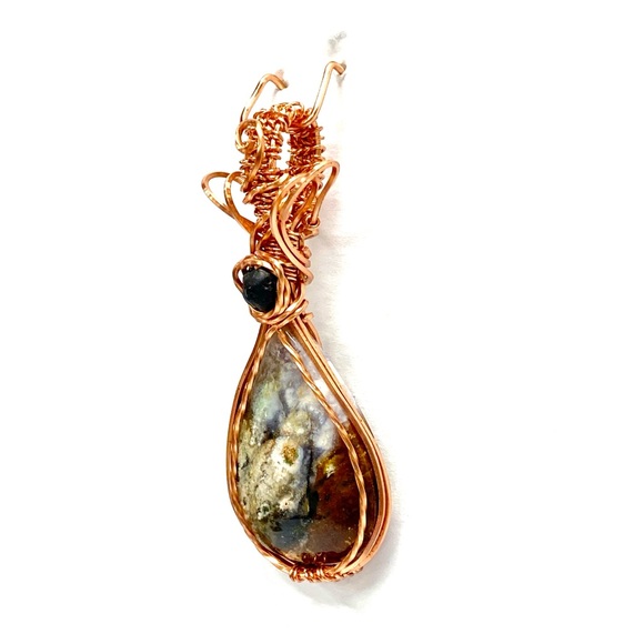 HANDCRAFTED Plume Agate Hand Wrapped Pure Copper Lava Bead Statement Pendant - Picture 5 of 10